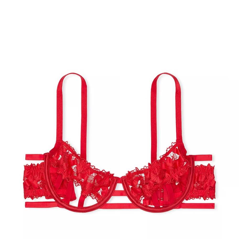 Victoria’s Secret Very SexySatin Glam Floral Strappy Open Cup Bra Red BNWT 38DD